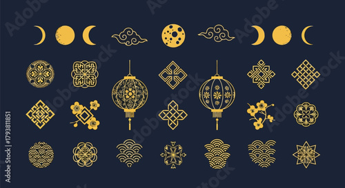 Collection of intricate gold chinese and asianinspired patterns, symbols, and decorative motifs