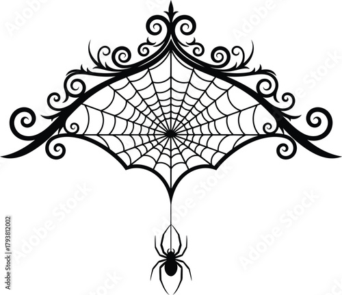 Ornate gothic spider web frame with hanging spider for halloween decor vector