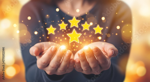 Customer Satisfaction Stars Glowing in Open Hands.