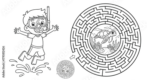Cartoon boy with snorkel and maze puzzle for childrens activity book