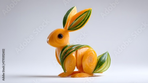 Intricately carved orange vegetable creates the shape of a sitting lagomorph against a bright, soft background