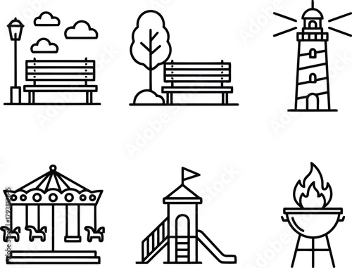 Outdoor recreation & park elements line icons set   playground, lighthouse, bbq vector