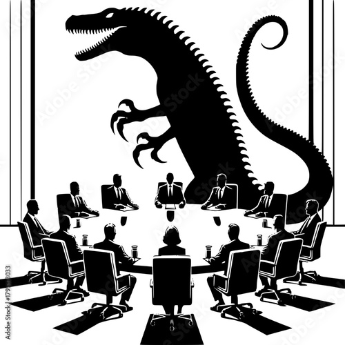 Corporate Meeting with a Predatory Presence: A stark black and white depiction of a corporate board meeting, with a menacing silhouette of a dinosaur looming over the attendees.
