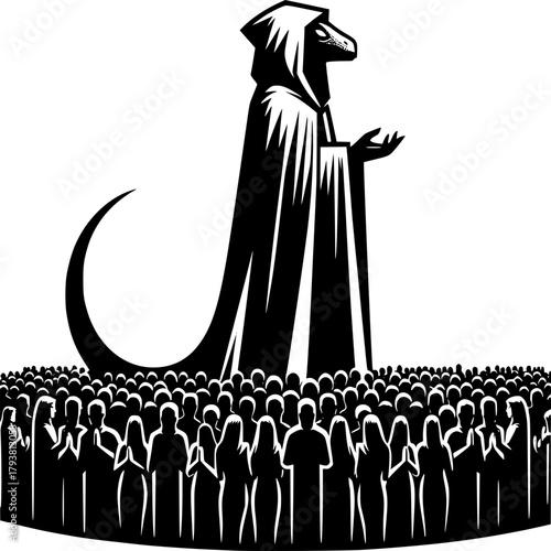 Mysterious Assembly: A mysterious robed figure, with a reptilian head, presides over a vast gathering, shrouded in an air of enigma and cult-like devotion.
