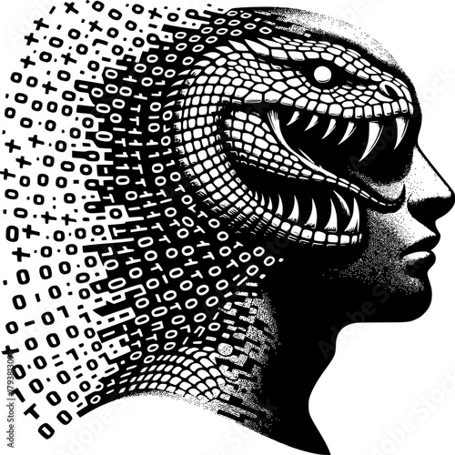 Digital Serpent: A striking visual representation of the digital realm, where binary code transforms into a menacing serpent coiling around a human form.