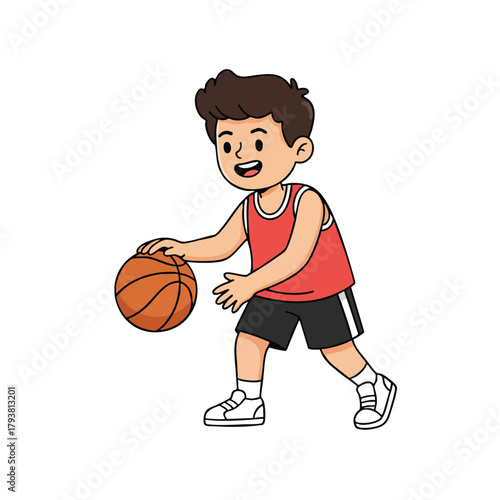 Young boy dribbling basketball playing active sport