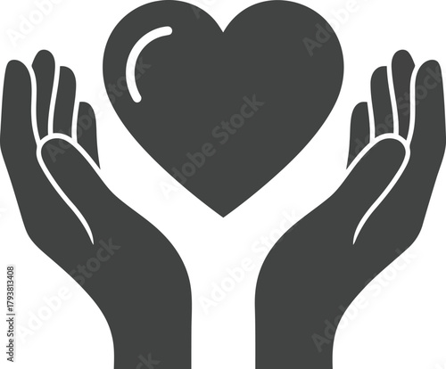 Hands holding heart icon vector: charity, love, care, support, health, protection symbol