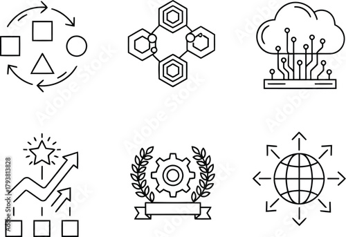 Modern business technology line icons set   cloud computing, data analytics, strategy, global network