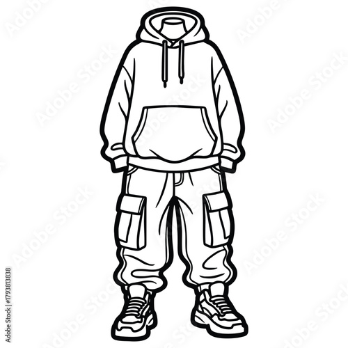 black and white hoodie and cargo pants outfit clip art preview