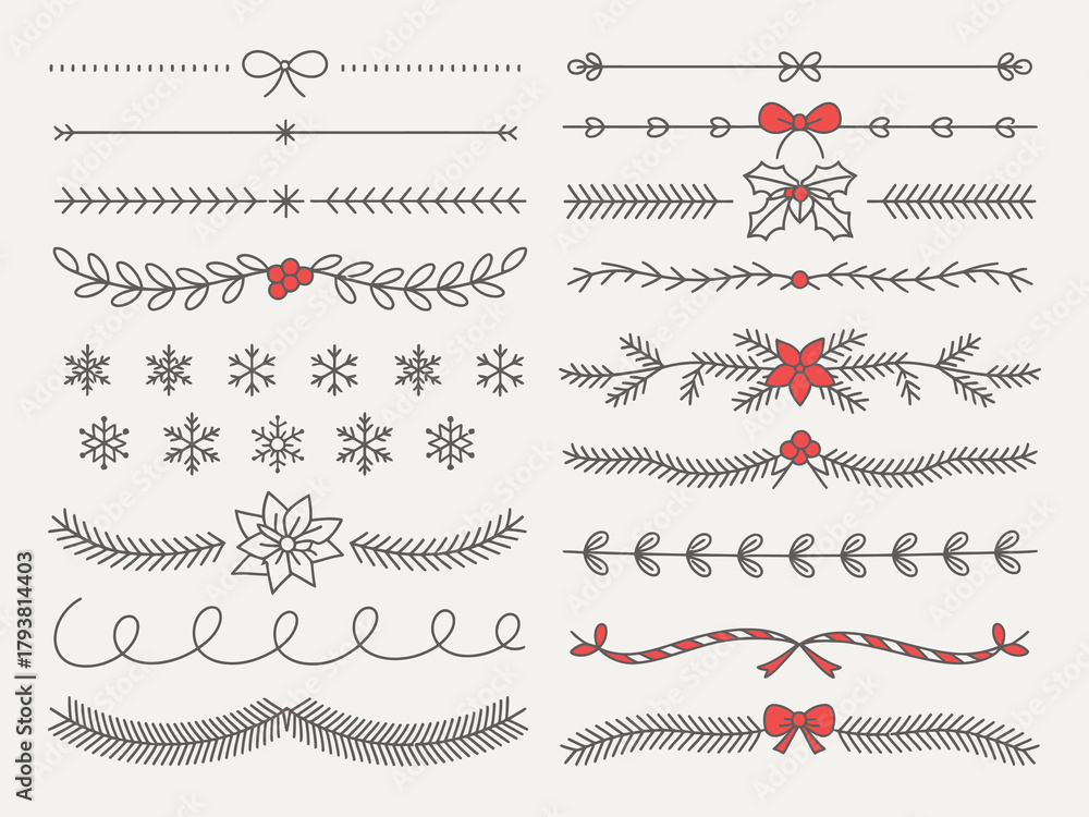 Fototapeta premium Hand-drawn ornamental winter dividers, snowflake borders, Christmas holiday decorative lines, floral ornate separators for greeting cards, invitations, wedding stationery, and elegant seasonal