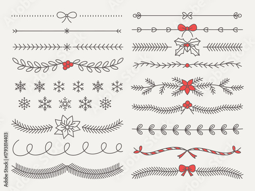 Hand-drawn ornamental winter dividers, snowflake borders, Christmas holiday decorative lines, floral ornate separators for greeting cards, invitations, wedding stationery, and elegant seasonal