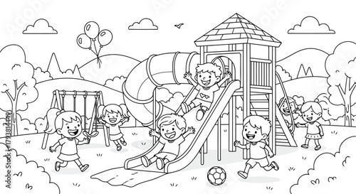 Happy children playing together on colorful playground with slides and swings