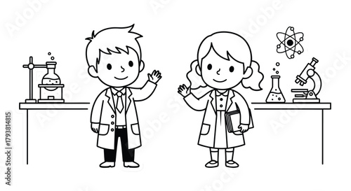 Two young scientists in lab coats conducting experiments with chemistry equipment, cartoon style