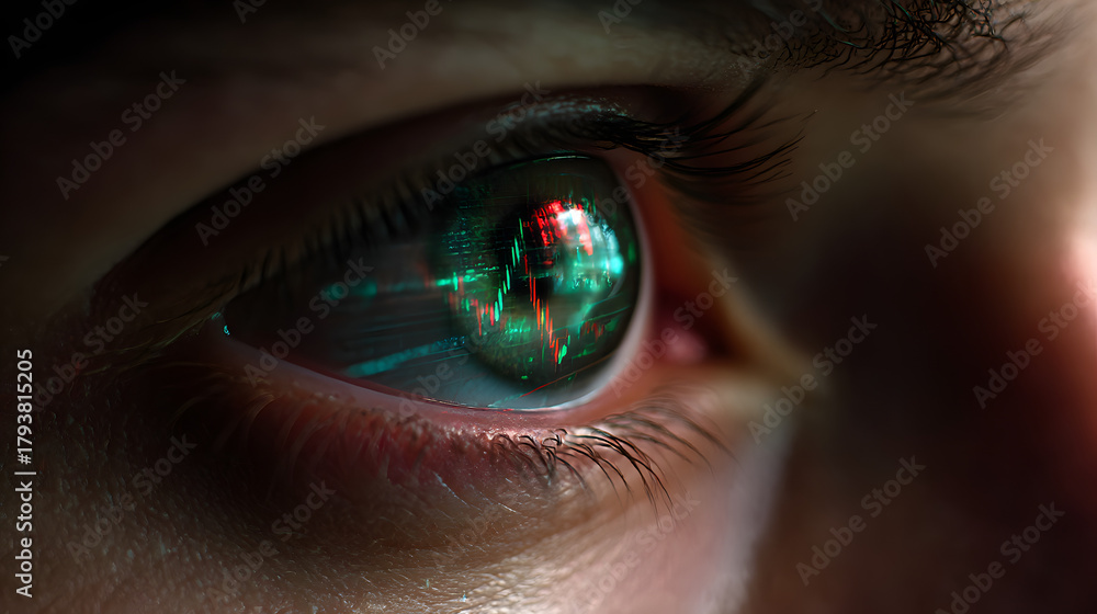 Fototapeta premium Data analysis in Eye: An eye close-up shows a complex data chart reflected within the iris, representing the intricate process of data analytics.