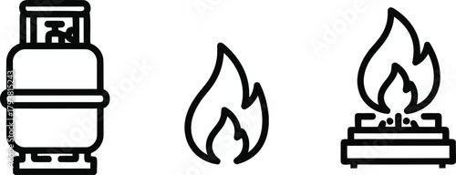 Liquid propane gas cylinder, flame, and gas stove line icons set vector illustration