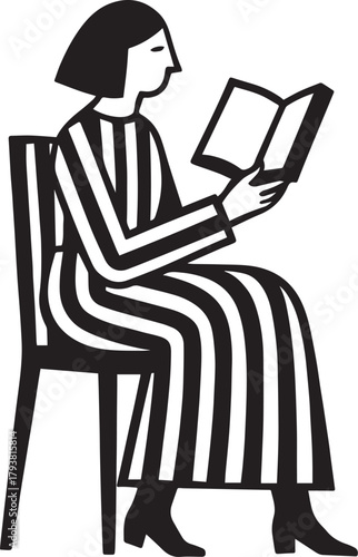 Striped Woman Reading Book – Minimal Black & White Geometric Illustration