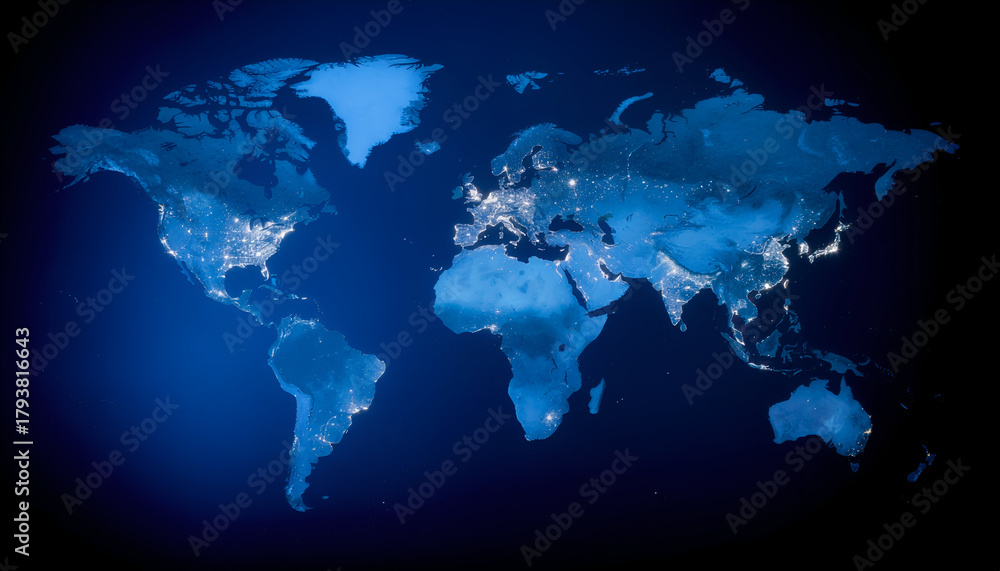 Obraz premium Blue global map with illuminated nodes, symbolizing worldwide connectivity and technological integration.