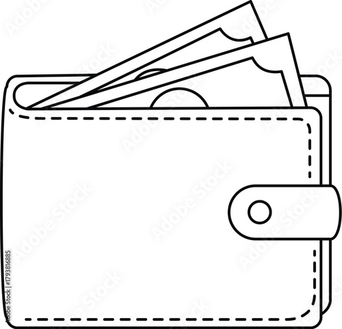 Money Wallet Illustration: Simple monochrome image of a wallet containing currency, representing financial aspects in graphic resource.