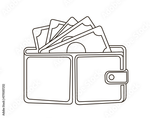 Financial Wallet: The minimalist illustration depicts an open wallet brimming with currency. The image conveys the concepts of finance, wealth, and saving.