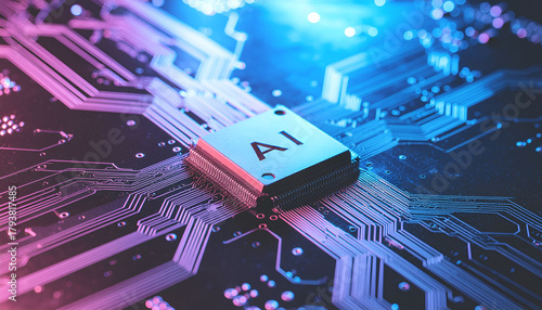 Artificial intelligence processor on a vibrant circuit board, highlighting modern computing and smart technology.