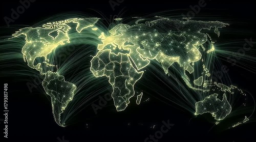 Digital World Map with Light Trails and Network Connections with ai generated