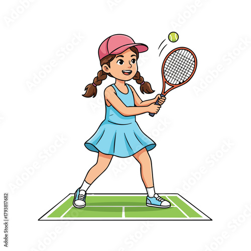 Young girl playing tennis on court with racket and ball