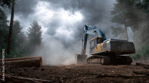 Heavy machinery cutting down the last standing trees in a misty forest under a stormy sky with dust swirling around the excavation site