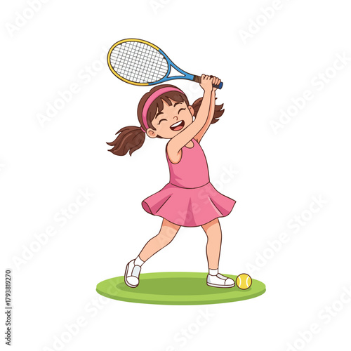 Young girl actively playing tennis sport with racket and ball