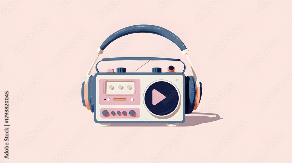 Fototapeta premium Stylized portable audio player incorporating headphones rests against a soft background