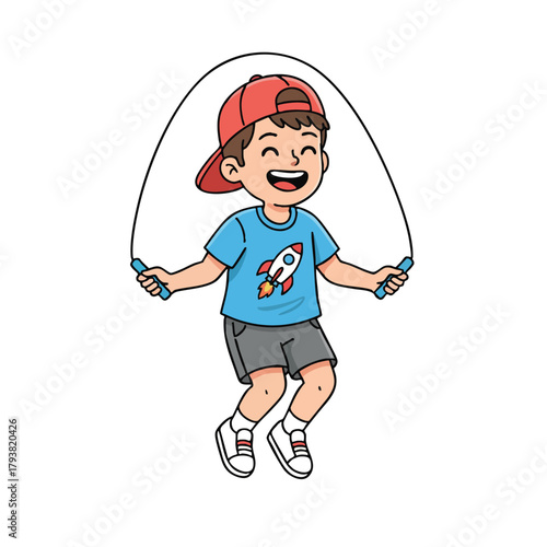 Happy boy jumping rope, active childhood fun