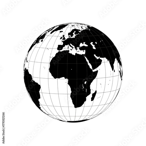 A striking black and white illustration of planet Earth, showcasing continents and grid lines against a pure white background, representing global connection and geography