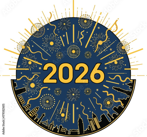 Vibrant New Year 2026 celebration with fireworks over city skyline vector illustration