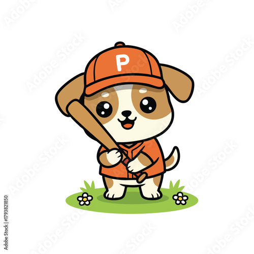 Adorable puppy character playing baseball and ready to hit