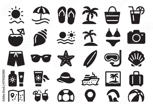 Beach and Summer Vacation Solid Icon Set. Seasonal Travel Elements Glyph Symbols Collection, Isolated Vector Illustration.