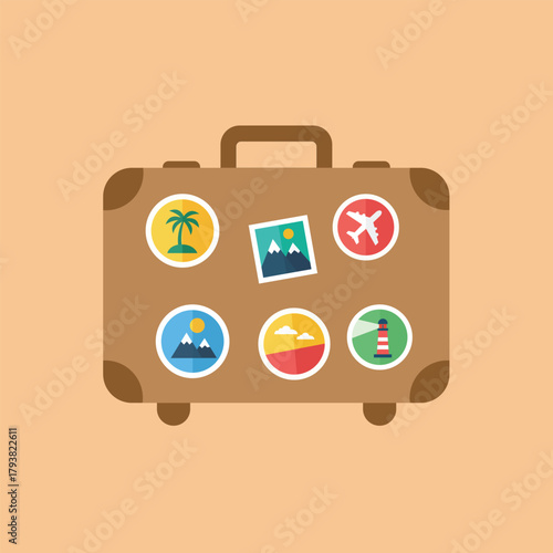Flat vector illustration of a vintage travel suitcase covered in colorful tourism destination stickers, symbolizing vacation, global travel, and adventure.