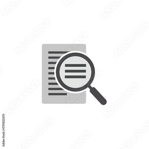 Flat vector illustration of a magnifying glass over a document, symbolizing search, data analysis, investigation, audit, and finding information.