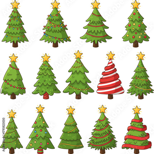Christmas tree icons and white background