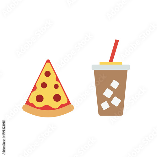 Flat vector illustration of a pizza slice and a soda drink, symbolizing fast food, combo meal, casual dining, and delicious takeaway.