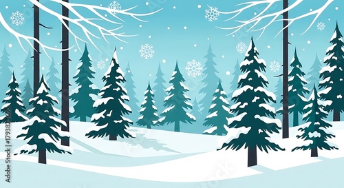 Winter Forest Landscape Vector Illustration Snowy Pine Trees and Falling Snowflakes Background for Holiday Design Christmas and Seasonal Themes