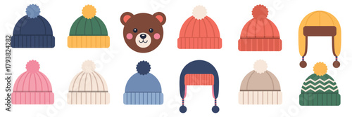 Knitted winter caps and cozy beanies vector set featuring warm wool textures, stylish cold-weather accessories, seasonal fashion headwear design