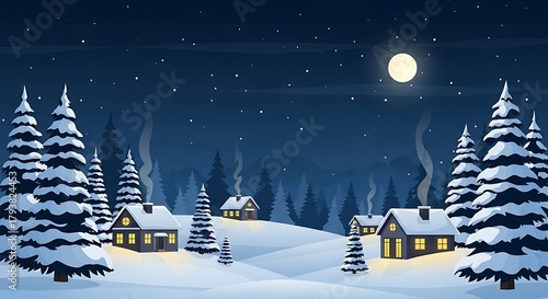 Idyllic Winter Village Night Landscape Illustration Cozy Snow Covered Houses Fir Trees and Full Moon under a Starry Sky