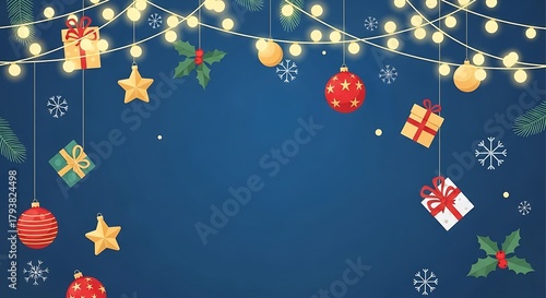 Festive Christmas Holiday Lights Background with Ornaments and Gifts on Blue Perfect Winter Celebration Banner or Frame
