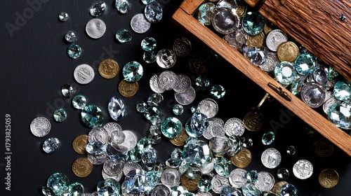Treasure chest overflowing with coins and green gemstones, scattered on a dark surface, top view