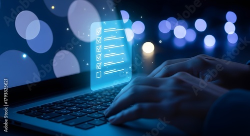 Digital Checklist on Laptop Screen with Blurred Lights Background.