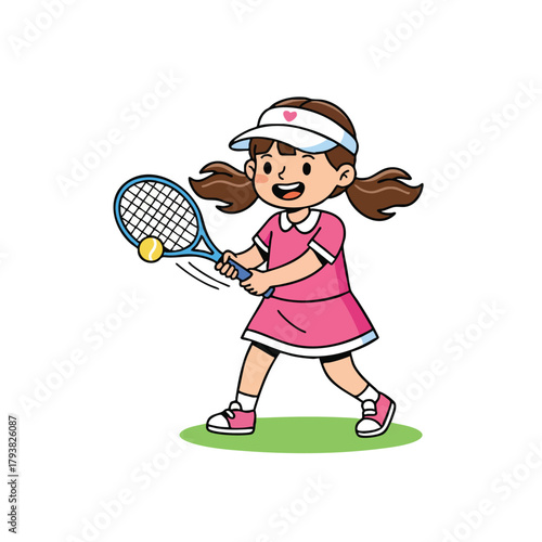 Young girl playing tennis with racket and ball