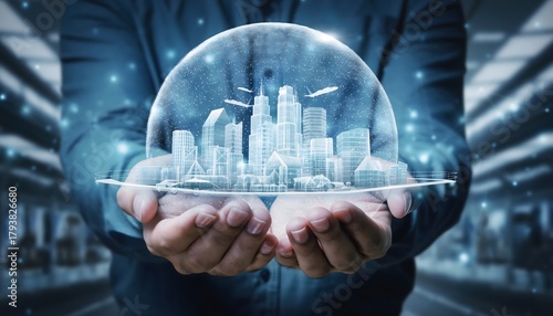 Concept Illustration of a “Digital Twin” City Enclosed in a Transparent Sphere Held by a Human, Representing Smart Cities, Virtual Modeling, and Futuristic Technology