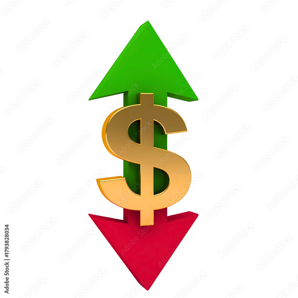 Obraz premium Golden dollar sign with green up and red down arrows indicating fluctuation