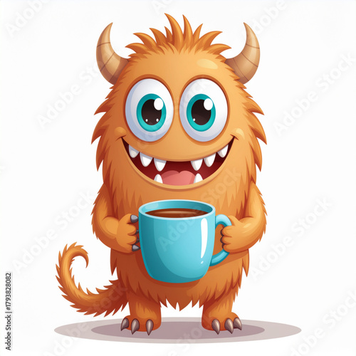 Cute orange fuzzy monster with horns and tail holding a blue mug of coffee