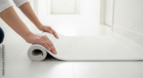 Top‑close hands placing a plain floor mat in a white hallway