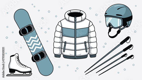 winter sports gear, including snowboard, skis, ice skates, helmet, jacket, and poles, in blue and grey, perfect for snow sports graphics